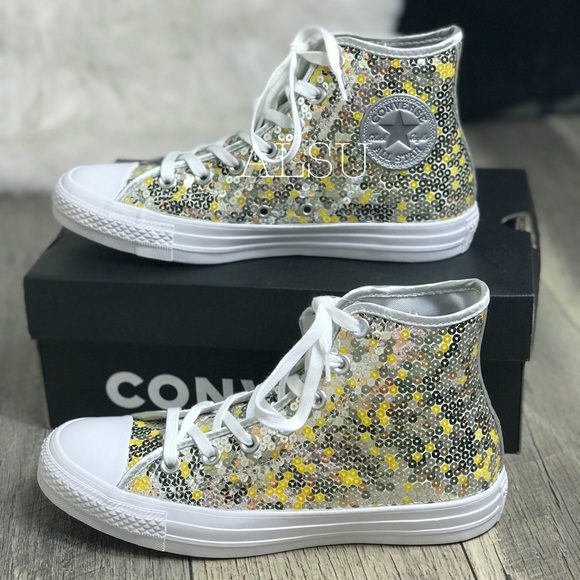 Converse Ctas HI Sequins Pure Silver Gold W AUTHEN - Picture 2 of 8